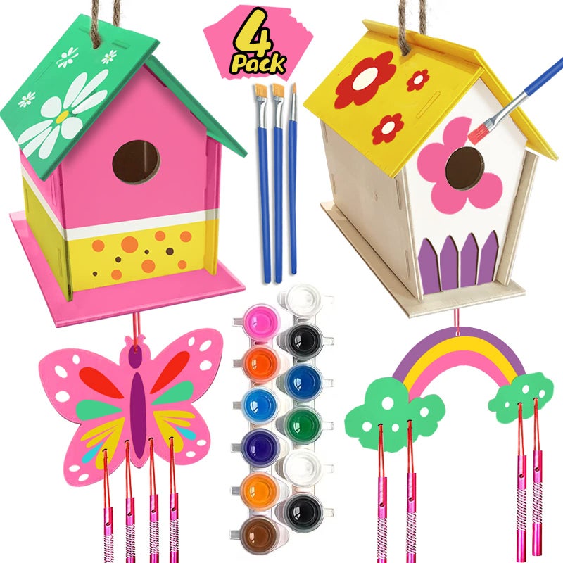 ORIENTAL CHERRY Crafts for Kids Ages 4-8 - 4 Pack DIY Bird House Wind Chime Kit - Build and Paint Birdhouses Wooden Arts Kits Easter Basket Stuffers Gifts for Girls Kids Boys Toddlers Ages 3-5 4-6 6-8 8-12 - Image 1